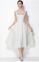 Elegante Vestido Midi Sin Mangas con Cuello Cuadrado y Decoración de Pedrería para Mujer, Color Blanco, Estilo Hepburn, para Primavera y Otoño