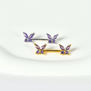 Barre de <span class=keywords><strong>piercing</strong></span> pour téton en acier inoxydable plaqué or, avec <span class=keywords><strong>double</strong></span> papillon multicolore en zircon cubique, pour usage quotidien, fêtes et décoration corporelle - Product Image 6