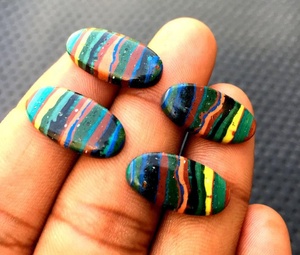 Good Quality 2 Pair Beautiful Natural <b>Rainbow</b> Calsilica Loose Gemstone Cabochon Smooth Oval Shape Jewelry Making - Product Image 2