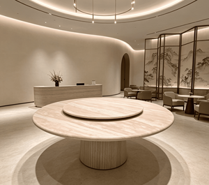 โต๊ะอาหารทรงกลมหินอ่อนสีเบจพร้อมถาดหมุนแบบ Lazy Susan เฟอร์นิเจอร์รับประทานอาหารสไตล์โมเดิร์นสำหรับบ้านและวิลล่า - Product Image 2