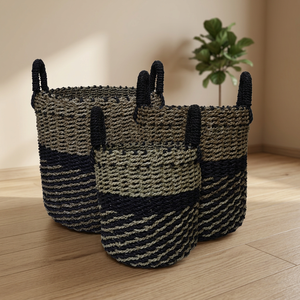 Modern Seagrass Circle <b>Basket</b> Set 3 <b>with</b> <b>Handle</b>-Eco-Friendly Clothing Storage Multi-Purpose - Product Image 3