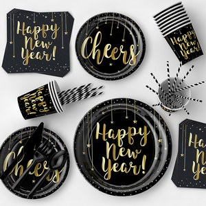 Juego <span class=keywords><strong>de</strong></span> Decoración <span class=keywords><strong>de</strong></span> <span class=keywords><strong>Año</strong></span> Nuevo Negro y Dorado al por Mayor, Pancartas, Platos <span class=keywords><strong>de</strong></span> Papel, Servilletas y Vasos - Product Image 5