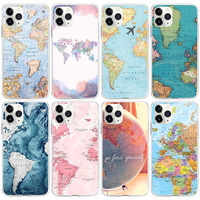 Coque de téléphone portable en TPU, avec impression de carte du monde, couverture complète, pour iPhone 6 7 8 Plus X XS Max XR 11 Pro Max SE 2020