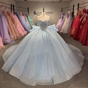 1591 Stunning Blue off Shoulder Embroidery Crystal Tassel Corset <b>Quinceanera</b> Ball Gown Chapel Train <b>Dresses</b> for 15 Girls - Product Image 1