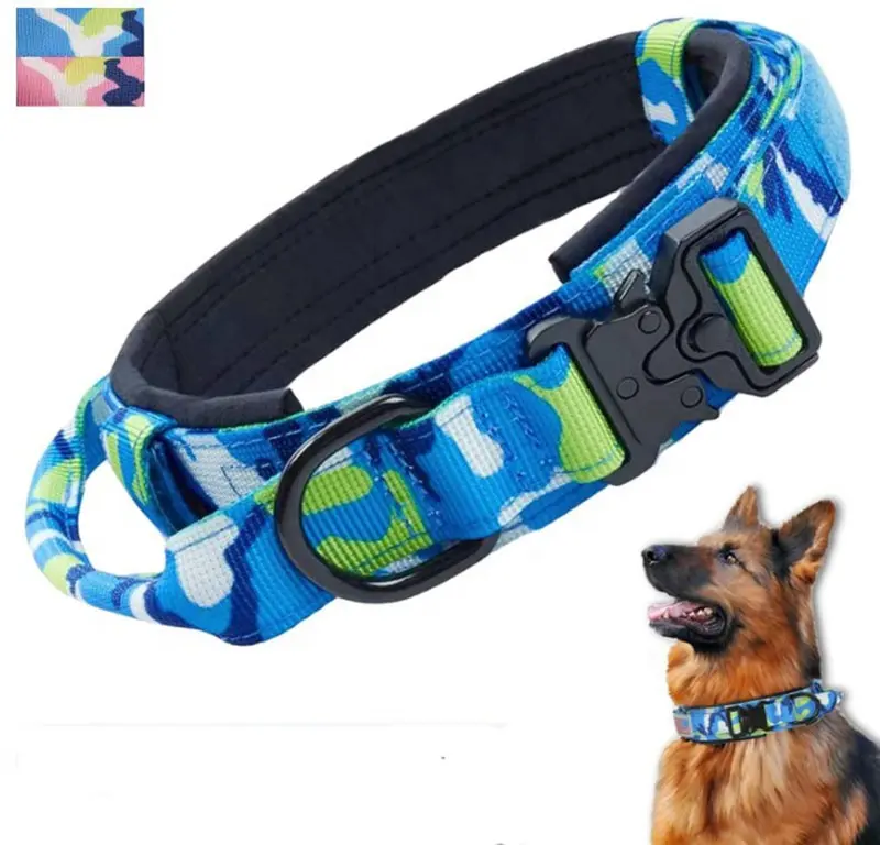 Hot sales styles Tactical heavy dog collar durable dog collar blue camouflage nylon dog collar metal buckle handle