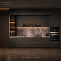 Meubles de cuisine modulaires modernes noirs avec évier, comptoir en bois massif et verre, robinet inclus, îlots, solution complète pour