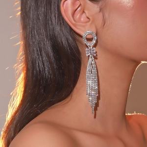 European American Temperament Tassel Rhinestone <b>Long</b> Gold Plated Geometric Women's Drop <b>Earrings</b> for Anniversary Fashion - Product Image 3