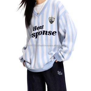 Suéter de Punto a Rayas Casual para Mujer, Cuello en V, Estilo Jersey, Deportivo, Otoño Invierno, Suave y Holgado - Product Image 4