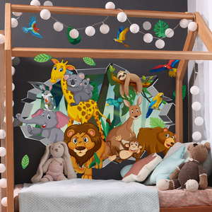 Autocollants <span class=keywords><strong>muraux</strong></span> autocollants pour <span class=keywords><strong>chambre</strong></span> à coucher, effet déchiré simulé de dessin animé, <span class=keywords><strong>jungle</strong></span>, lion, éléphant - Product Image 4