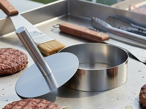 Machine à galettes de burger manuelle en acier inoxydable, durable et polie, pour sandwichs, tranches de pain grillé, galettes de burger, pains à burger et crêpes - Product Image 2