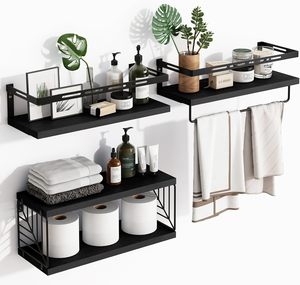 Étagères murales flottantes en <span class=keywords><strong>bois</strong></span> avec cadre métallique <span class=keywords><strong>et</strong></span> barre porte-serviettes pour rangement d'épices, <span class=keywords><strong>grande</strong></span> capacité, robustes, pour salle de bain <span class=keywords><strong>et</strong></span> cuisine - Product Image 2