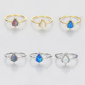 Wholesale women luxury rainbow flake synthetic blue white black opal rings 925 sterling silver opal ring