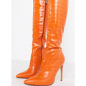 Concise Stone Print Stiletto Heel Short Boots Soft Comfortable Side Zip Women's Winter Knee High Boots <b>Shoes</b> Orange - Product Image 3