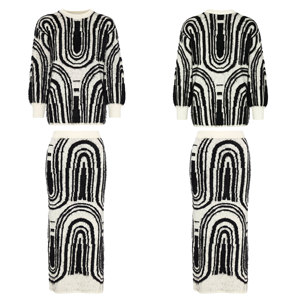 Completo Due Pezzi in Maglia per Donna, Nero e Bianco con Stampa Geometrica Curva, Gonna Midi a Pelo Lungo, Stile Casual Retrò - Product Image 3