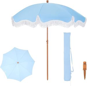 Parasol de patio bohème à franges avec motif bois, bouton d'inclinaison et protection UV, imperméable pour jardin/plage/terrasse - Product Image 4