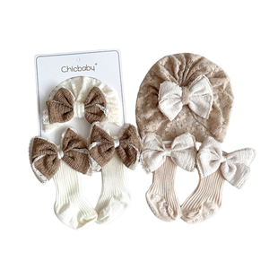 Conjunto de Gorro y Calcetines para Bebé Recién Nacido, Estilo Casual, Tejido de Algodón, Antideslizante, Color Sólido, con Lazo, para Niñas, Venta al Por Mayor - Product Image 1