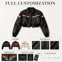 Blouson Moto en Cuir Noir Court pour Femme, Style Biker Rayé, avec Fermeture Éclair, Personnalisable (OEM, Marque Privée, Fabrication en Usine)