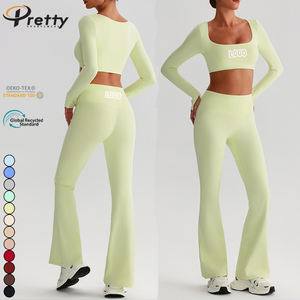 Женская одежда, комплект из 2 предметов для фитнеса, короткий топ с длинными рукавами и подкладкой, брюки с заниженной талией, спортивная одежда для спортзала, эко-топ - Product Image 1