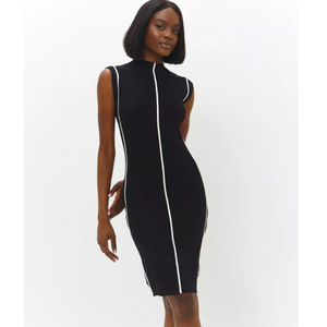 Abito Casual <span class=keywords><strong>lungo</strong></span> <span class=keywords><strong>nero</strong></span> Slim Fit da donna estivo lavorato a maglia in tessuto elasticizzato in vita naturale e lavabile in tinta unita - Product Image 4