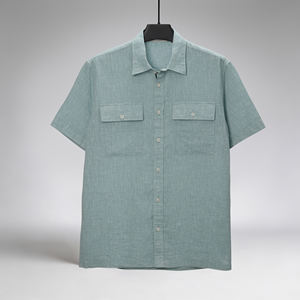 ราคาขายส่ง เสื้อเชิ้ตแขนสั้นผู้ชายสีเขียวพาสเทล ผ้าลินินผสมผ้าฝ้าย - Product Image 1