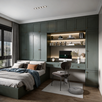Ensemble moderne intégré chambre et bureau à domicile avec lit, bureau, étagères LED et armoire pleine hauteur – Mobilier multifonctionnel sur mesure