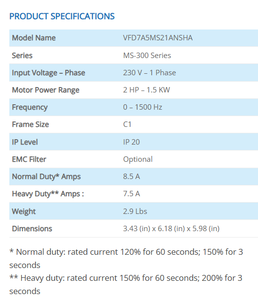 อินเวอร์เตอร์ Delta MS300 VFD7A5MS21ANSHA 200-240V 1 เฟส 1.5 กิโลวัตต์ 2 แรงม้า - Product Image 2