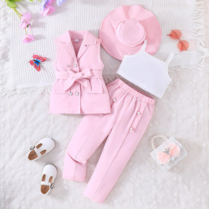 Abbigliamento per bambini Set di abbigliamento Casual per ragazze senza maniche gilet Tag giacca pantaloni con un cappello alla moda festa di compleanno - Product Image 1
