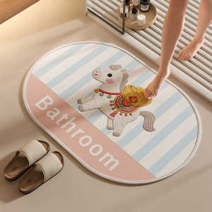 Tapis de salle de bain ovale avec broderie de chien de dessin animé, imitation lin, absorbant, antidérapant, pour salle de bain - Product Image 1