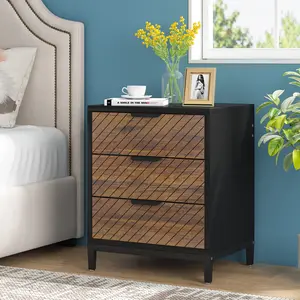 Tribesigns mediados de siglo moderno diseño nórdico elegante madera 3 cajones negro dormitorio mesita de noche para muebles de noche