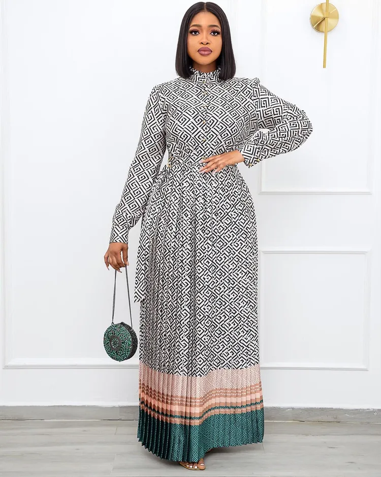 Frühling Sommer Frauen Kleidung 3XL 4XL 5XL Rundhals ausschnitt Langarm Print Patchwork Long Abaya Maxi Plissee Kirche Freizeit kleid