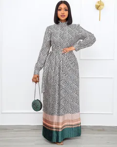 Pakaian Wanita Musim Semi Musim Panas 3XL 4XL 5XL Kerah Berdiri Bulat Motif Tambalan Panjang Abaya Maxi Gaun Kasual Gereja Lipit