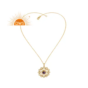 Collar de piedras preciosas de amatista, joyería, colgante de diseño de chakras de energía, oro amarillo plateado 925 Plata - Product Image 1