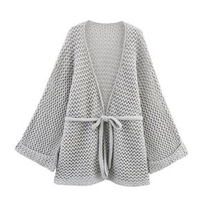 Cárdigan de punto para mujer con cuello en V, gris, manga larga, con cinturón, diseño de ojal, estilo casual, cálido, para otoño - Product Image 1