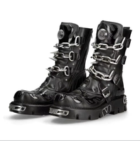 Bottes vintage en métal avec rivets et chaînes, style punk rock, en cuir véritable, unisexe, à semelle épaisse, à lacets et fermeture éclair latérale