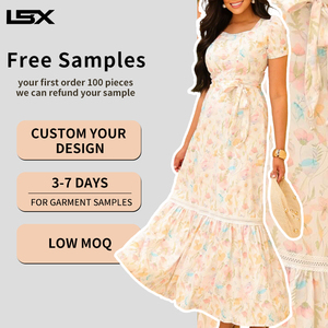 فساتين صيفية طويلة مخصصة للنساء بأكمام قصيرة وطباعة زهور وياقة دائرية للشاطئ والحفلات - Product Image 1