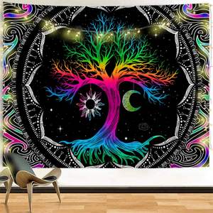 <span class=keywords><strong>Tapisserie</strong></span> Fluorescente Arbre de Vie Colorée Tenture Murale Lumière Noire <span class=keywords><strong>Tapisserie</strong></span> Tissée Personnalisée - Product Image 2