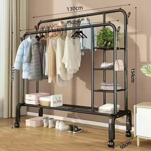 Perchero ajustable de metal resistente de doble barra con ganchos laterales y ruedas, organizador de ropa para dormitorio, lavandería, sala de estar - Product Image 4
