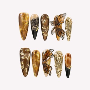 Ongles en acrylique à presser, forme amande longue, <span class=keywords><strong>papillon</strong></span> 3D, feuille d'or, motif végétal, design personnalisable pour fête/rendez-vous/banquet/usage quotidien - Product Image 1