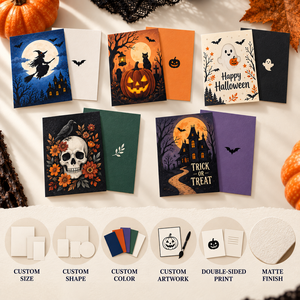 Biglietti d'auguri di Halloween con stampa fronte-retro: Carte con zucca, fantasma, scheletro, strega e 'Trick or Treat' per regali e decorazioni di Halloween - Product Image 6