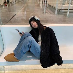 Black Plush V Neck <b>Cardigan</b> Mid Length Knitted Fleece Lined Women's Winter Wear With Pocket Solid Color Simple Style - Product Image 5