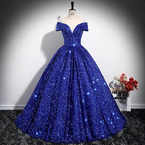 Off Shoulder <b>Sequined</b> Evening Gown Blue Ball Gown Taffeta Fabric Women's Formal Dress - Product Image 1