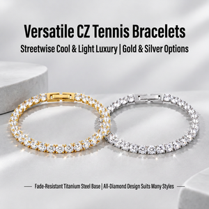 Bracelet tennis en acier inoxydable plaqué or 18 carats avec zircons cubiques ronds taille brillant, simple rangée, fermoir boîte rectangulaire, tendance pour soirées - Product Image 4