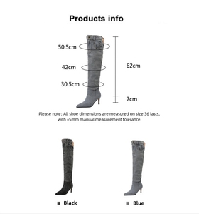Toptan/OEM amerikan baharat kızlar kış yüksek üst diz-yüksek Denim çizmeler sivri burun <span class=keywords><strong>Stiletto</strong></span> topuk yüksekliği artan yığını katı - Product Image 6