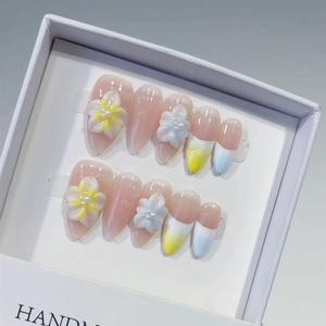 Fleurs en relief 3D rose <span class=keywords><strong>pastel</strong></span> et lilas violettes peintes à la main avec des pois, ongles faits main de style français - Product Image 6