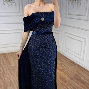 Serene Hill LA73416 Navy Blue <strong>Velvet</strong> <strong>Off</strong> <strong>Shoulder</strong> Evening <strong>Dress</strong> Mermaid Beaded Formal Party Gown with Removable Belt - Product Image 3