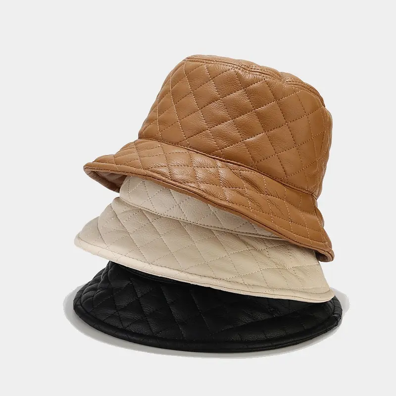 INS moda PU deri ekose geniş Brim kış kova şapka balıkçı şapka kadınlar için