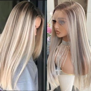 Perruque frontale longue blonde avec mèches, cheveux synthétiques 22 pouces, dentelle transparente 13x4, directement de l'usine en Chine - Product Image 2