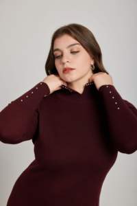 शरद ऋतु 2026 अनुकूलित महिलाओं के नरम बर्गंडी बुनाई घुटने की लंबाई वाली प्राकृतिक कमर पोशाक सरल शीथ सिल्हूट - Product Image 6