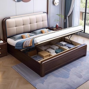 Lit en bois massif en cuir véritable de 1,8 m, lit double rembourré de 1,5 m, style chinois moderne, avec coffre de rangement haut, lit de chambre à coucher - Product Image 4