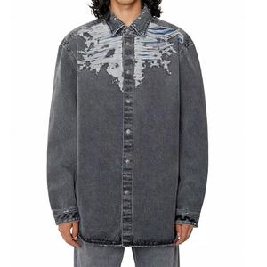 Camisas de Mezclilla Rasgadas de Manga Larga Personalizadas para Hombre, Camisas de Mezclilla Desgastadas de Color Gris Oscuro Vintage para Hombre - Product Image 1